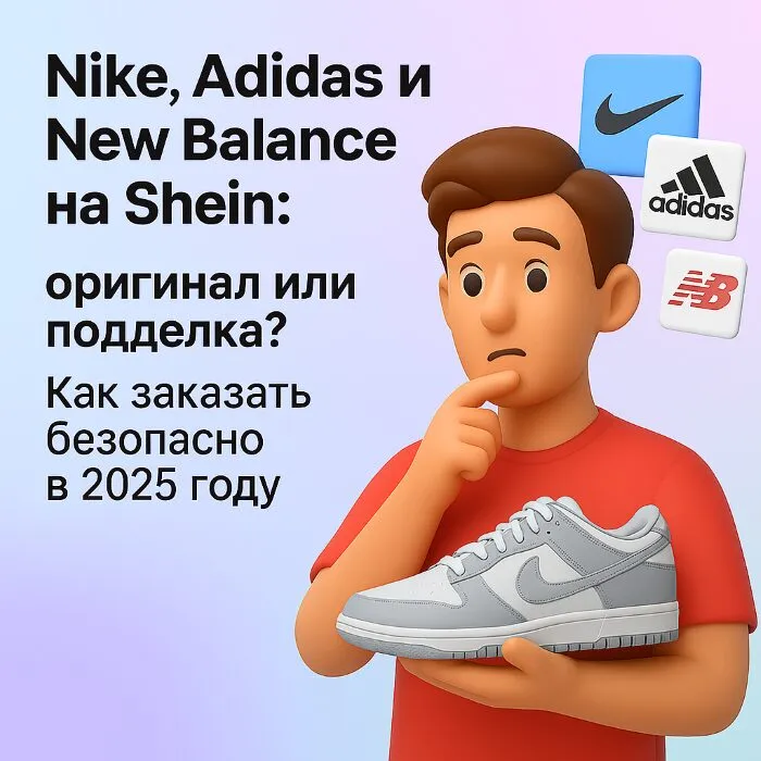 Обложка статьи о брендах на SHEIN: парень с кроссовком и логотипами Nike, Adidas, New Balance