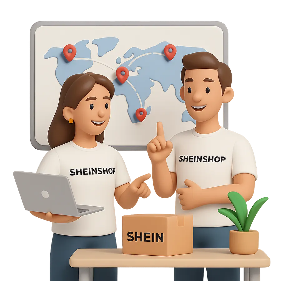 Менеджеры SHEINSHOP у карты мира с коробкой SHEIN